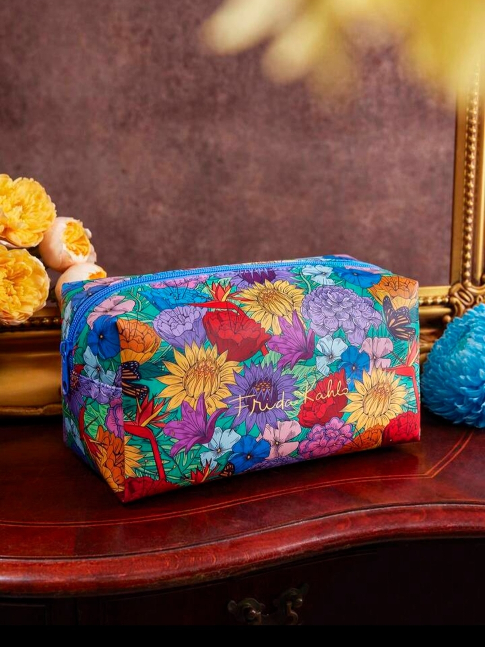 Frida kaloh Floral Cosmetic Pouch with Colorful Garden Print